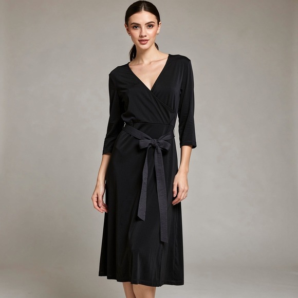 Chico's Dresses & Skirts - Chico's Travelers Black Wrap Midi Dress 3/4 Sleeve Tie Waist Size 2 L Large